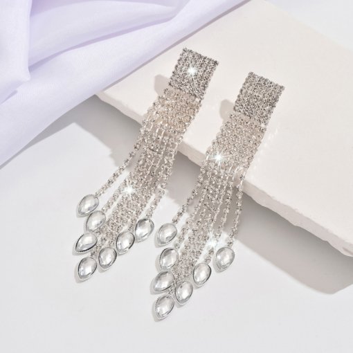 Long full rhinestone tassel earrings exaggerated fashionable earrings light luxury advanced European and American hot ear rings wholesale - 图片 4