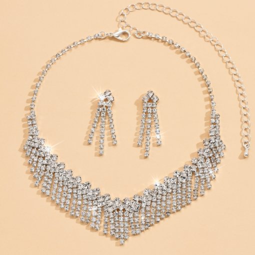 European and American fashion ins style design sexy full rhinestone tassel necklace vintage jewelry bride suit necklace ear stud 563 - Image 3