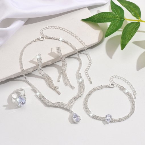 All-match Korean-style fashion zircon jewelry bridal wedding V-neck ornament wedding dress earrings necklace set - 图片 4