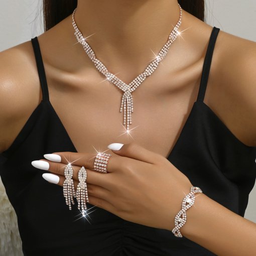 Jewelry suit fashion and fully-jewelled tassel jewelry suit five-piece set necklace ear stud bracelet stretch ring - Image 3