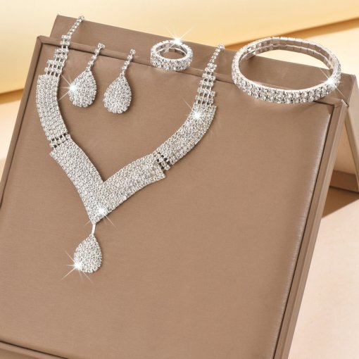 In stock hot sale wedding accessories necklace eardrops bracelet ring jewelry suit luxury rhinestone bridal set chain - Image 4