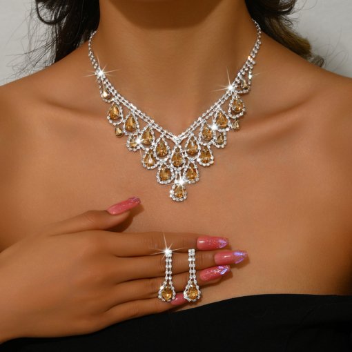 Foreign trade jewelry European and American diamond water drop necklace fashion personality necklace bridal evening dress necklace 2 pieces suit - Image 3
