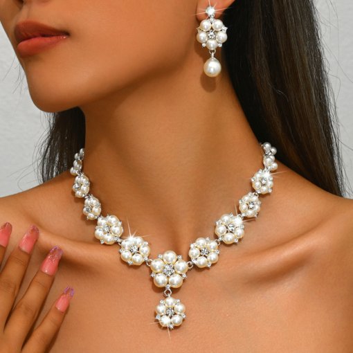 Europe and America cross border vintage court Pearl rhinestone necklace earrings flower bridal necklace two-piece earrings set Wholesale - Image 3