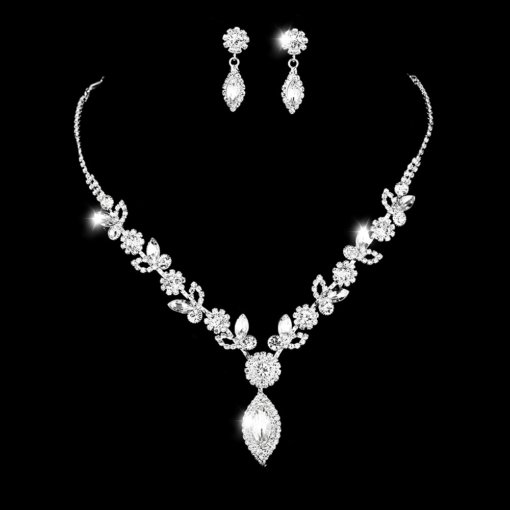 Cross-border European and American ornament wholesale bridal white crystal flower jewelry suit fashion banquet wedding necklace accessories - 图片 6