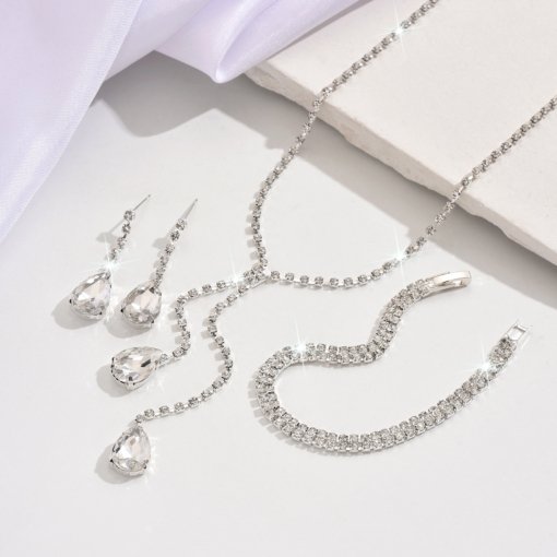 European and American simple jewelry water drop shiny wedding claw chain rhinestone dinner set chain necklace earrings bridal four-piece set - Image 3