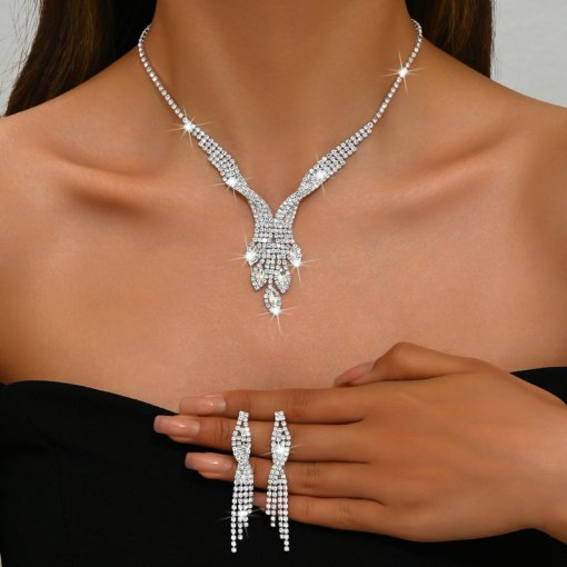 Hot sale cross-border European and American/Korean bridal suit creative shiny diamond wedding necklace earrings jewelry fashion suit suit - Image 2