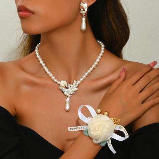 European and American anti-pearl necklace earring bracelet suit alloy flower bridal dress personalized set suit women's fashion temperament - Image 2