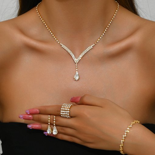 Fashion simple V-shaped water drop necklace earrings bracelet ring ornament full diamond suit bride formal dress accessories - 图片 3