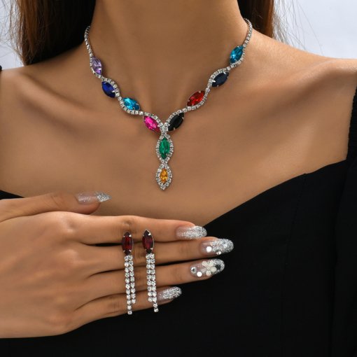 Cross-border jewelry wholesale personalized color horse eye water drop necklace tassel earrings bride suit necklace ear stud - Image 4