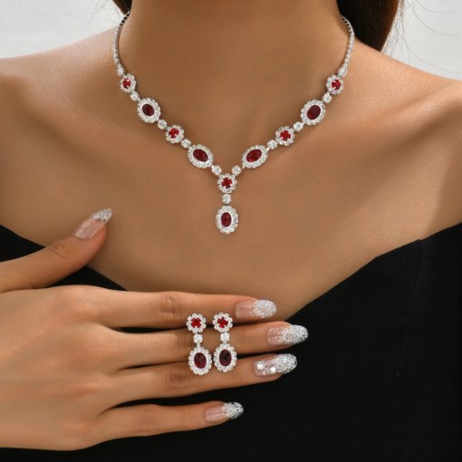 Brand new original design high-end luxury ruby crystal jewelry necklace and earrings suite Valentine's Day gift