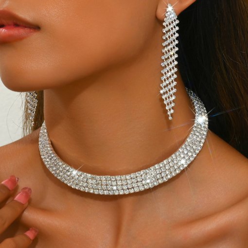 2024 fashion elegant luxury full diamond shiny rhinestones Paster neck collar bracelet tassel earrings suit bride ornament