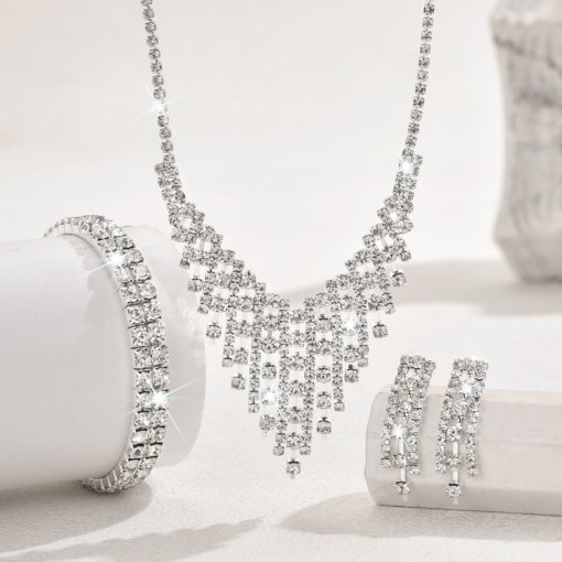 Foreign trade ornament exquisite small full diamond necklace and earrings suite simple all-matching graceful clavicle chain formal dress accessories - 图片 3