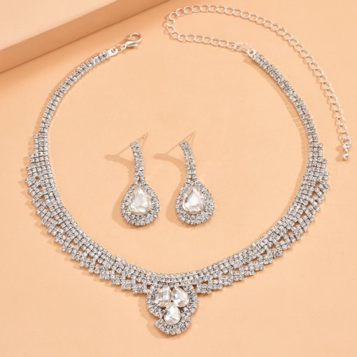 European and American fashion all-match bridal suit necklace women's simple full diamond drop-shaped ornament Jewelry set - 图片 4