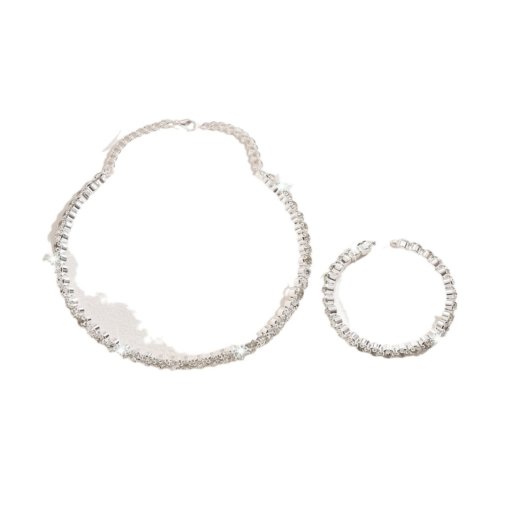 Factory cross-border wedding bride ornament single row Diamond full diamond collar bracelet earrings three-piece set suit wedding accessories - Image 5