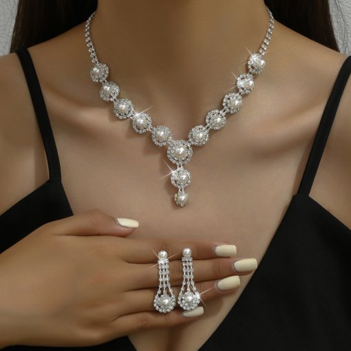 Amazon cross-border sold jewelry wholesale European and American rhinestone suit necklace female inlaid artificial pearl earrings bridal set