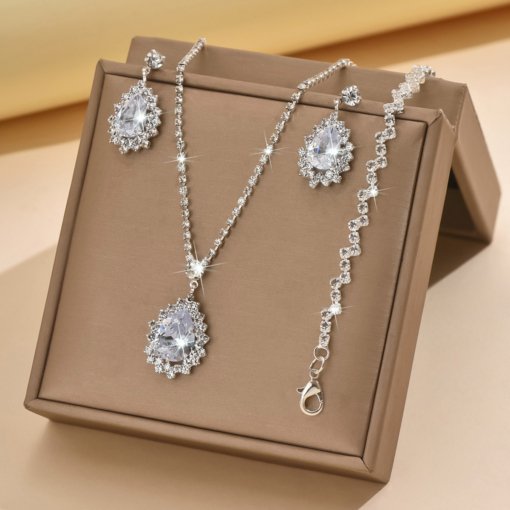 Bridal Europe and America cross border jewelry zircon water drops necklace earring bracelet accessories set meet women's daily party - Image 7