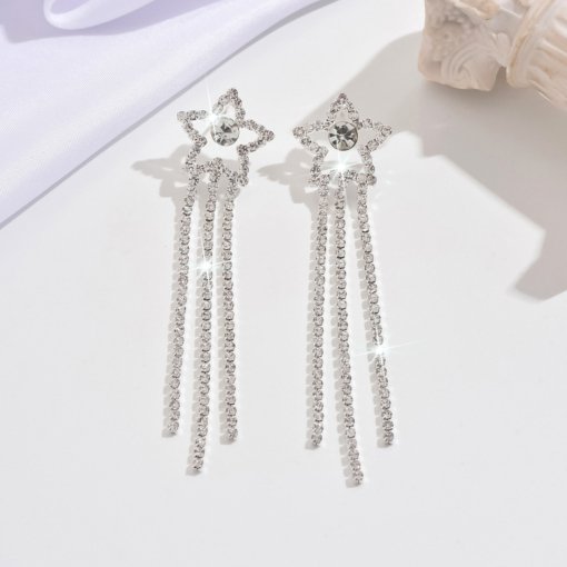 European and American new five-pointed star diamond inlaid zircon long fringe earrings women's luxury temperament bride ear rings wholesale - 图片 5