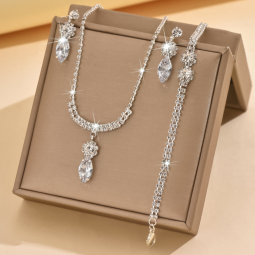 Cross-border supply hot sale foreign trade ornament pendant full rhinestone zircon necklace earrings rhinestone set chain wedding jewelry suit - Image 5