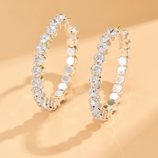 Hot Sale European and American fashion popular earrings wholesale silver shiny circle women's silver rhinestone quartz big ear ring - 图片 2