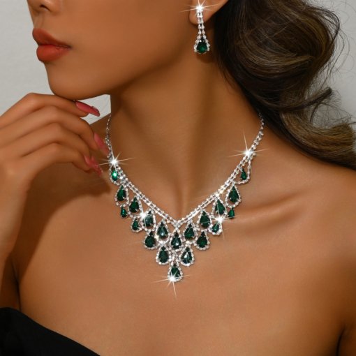 Foreign trade jewelry European and American diamond water drop necklace fashion personality necklace bridal evening dress necklace 2 pieces suit - Image 6