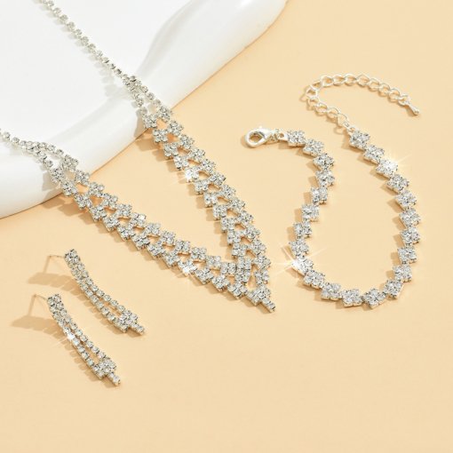 Cross-Border sold jewelry wholesale fashion shine rhinestone quartz silver plated claw chain wedding bride necklace and earrings suite - 图片 4