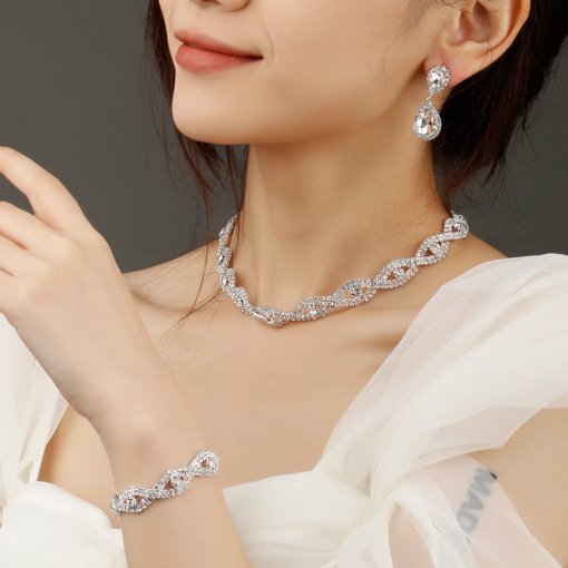 European and American bride ornament necklace bracelet earrings ring set four-piece girl dinner dress all-match jewelry - 图片 7