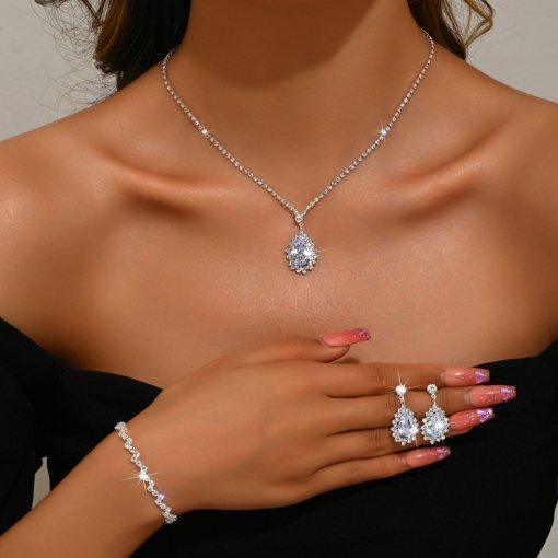 Bridal Europe and America cross border jewelry zircon water drops necklace earring bracelet accessories set meet women's daily party