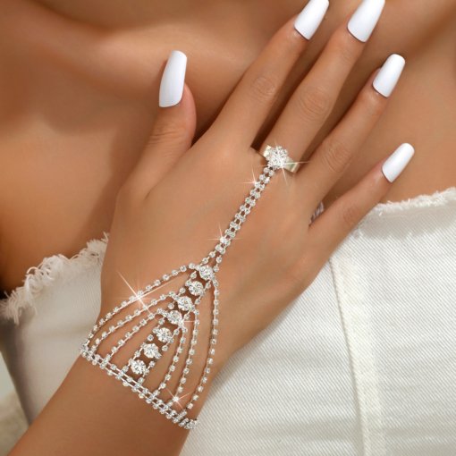 American and European fashion elegant bracelet ring one finger chain Women's versatile rhinestone bracelet 1001 - Image 2