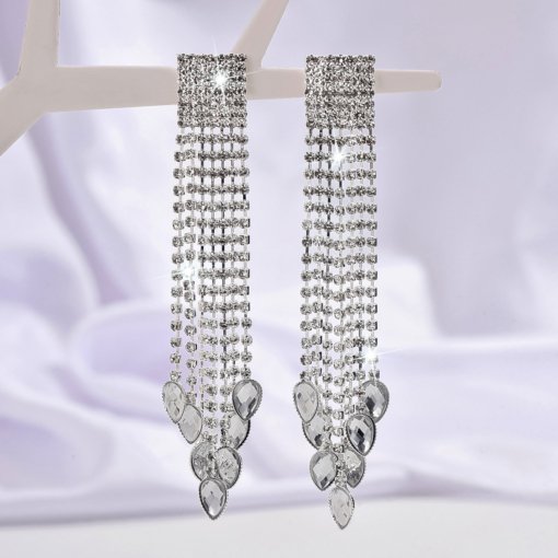 Long full rhinestone tassel earrings exaggerated fashionable earrings light luxury advanced European and American hot ear rings wholesale - 图片 2