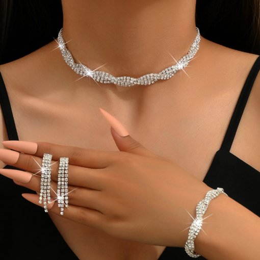 Wedding party decorations ladies decoration fashion claw chain bright diamond banquet bracelet necklace earrings four-piece set - Image 2