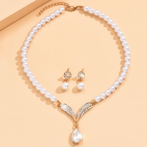 Jewelry set Korean style personality imitation pearl necklace and earrings suite Women's temperament bride formal dress accessories - Image 3