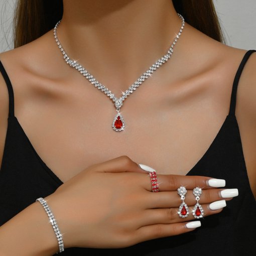 Cross-border European and American style necklace bracelet ring suit bridal accessories jewellery zircon earrings four-piece dress wedding dress - 图片 3