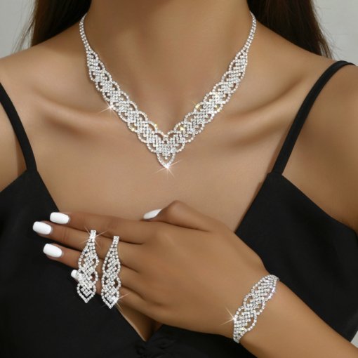 Factory Direct supply rhinestone necklace earrings bracelet three-piece bridal wedding dinner party accessories necklace wholesale