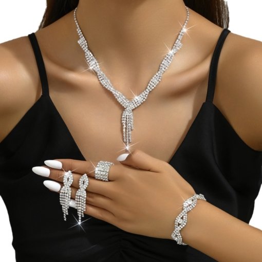Jewelry suit fashion and fully-jewelled tassel jewelry suit five-piece set necklace ear stud bracelet stretch ring - Image 5