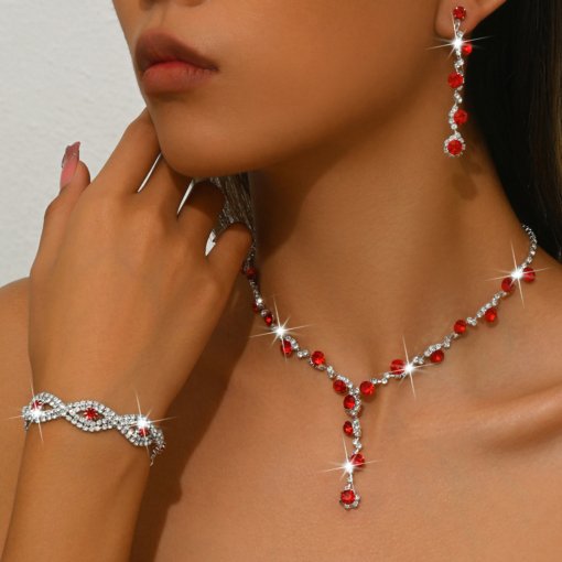 Jewelry suit brand new shiny inlaid full Diamond women's wedding supplies ornament necklace earring bracelet three-piece set