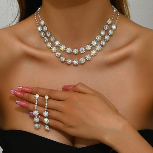 Foreign trade ornament wholesale wedding accessories double layer SUNFLOWER diamond necklace and earrings suite AliExpress ornament - 图片 12