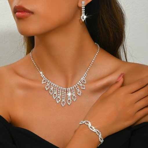 Europe and America cross border full diamond necklace earrings suit Bridal Ornament necklace three-piece suit suit wedding diamond jewelry ornament wholesale