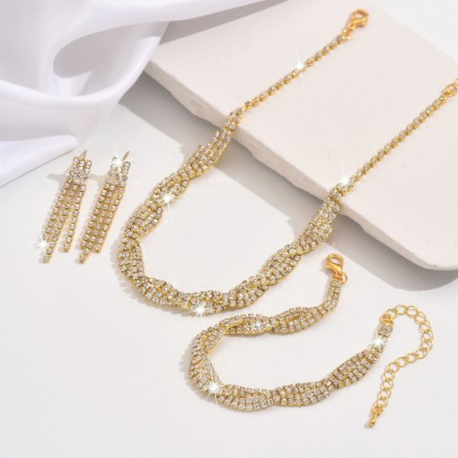 Wedding party decorations ladies decoration fashion claw chain bright diamond banquet bracelet necklace earrings four-piece set - Image 4