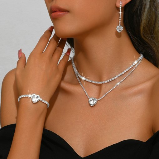 European and American style jewelry peach heart rhinestone necklace earring bracelet three-piece fashion bride suit formal dress accessories - 图片 6