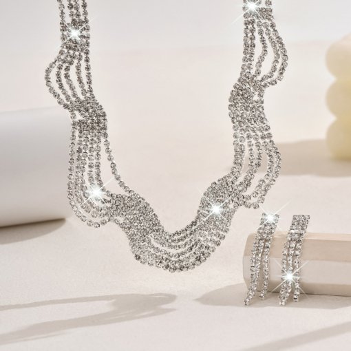 European and American decorative necklace women's clavicle chain fashion all-match crystal necklace and earrings suite bridal ball dinner accessories - Image 2