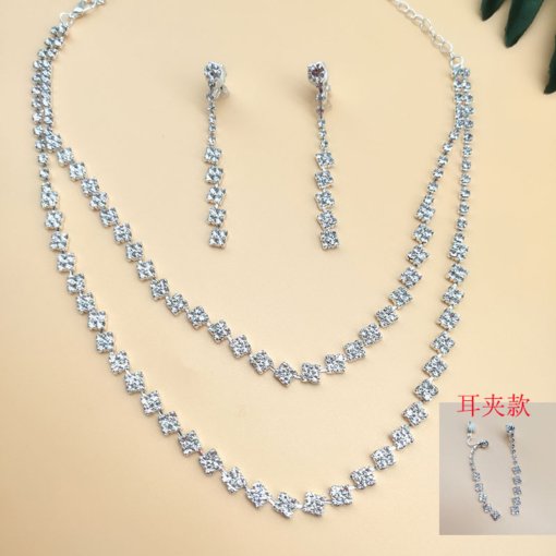 Amazon ornament wholesale hot sale double-layer rhinestone suit necklace earring bracelet women's wedding match - Image 7
