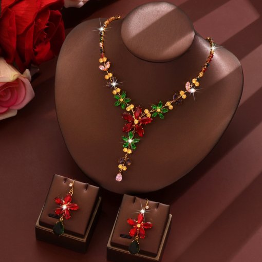 Colorful zircon fashion luxury necklace and earrings suite ins high-grade zircon necklace Christmas gift box gift - 图片 2