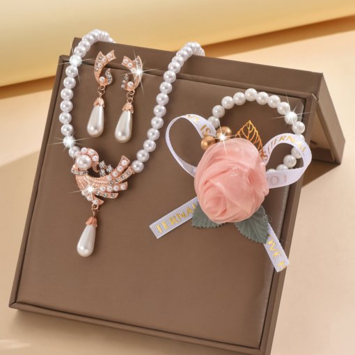 European and American anti-pearl necklace earring bracelet suit alloy flower bridal dress personalized set suit women's fashion temperament - Image 4
