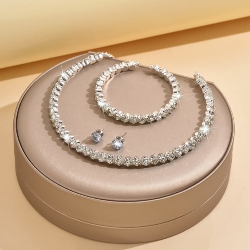 Factory cross-border wedding bride ornament single row Diamond full diamond collar bracelet earrings three-piece set suit wedding accessories - Image 3