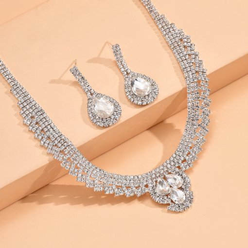 European and American fashion all-match bridal suit necklace women's simple full diamond drop-shaped ornament Jewelry set - 图片 3