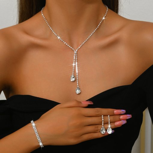 European and American simple jewelry water drop shiny wedding claw chain rhinestone dinner set chain necklace earrings bridal four-piece set
