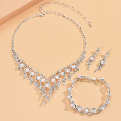 Cross-border jewelry wholesale fashion wedding photography women's simple rhinestone pearl necklace ear stud bracelet three-piece set - 图片 4