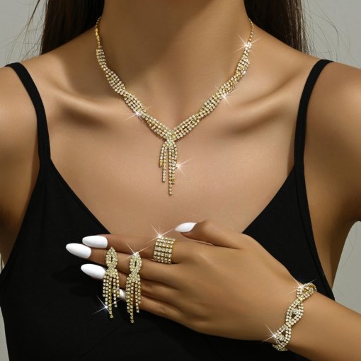 Jewelry suit fashion and fully-jewelled tassel jewelry suit five-piece set necklace ear stud bracelet stretch ring