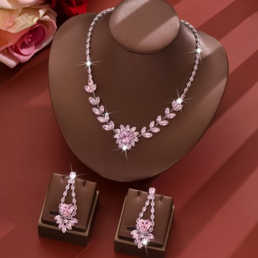 Lover's gift jewelry set assembly bow gift box world fashion zircon necklace ear stud electroplated White K colorfast - 图片 4