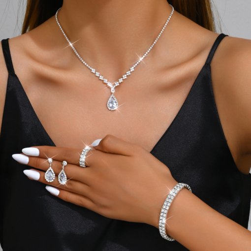 Bridal Ornament necklace bracelet earrings ring set rhinestone zircon wedding dress women wedding accessories advanced - 图片 2